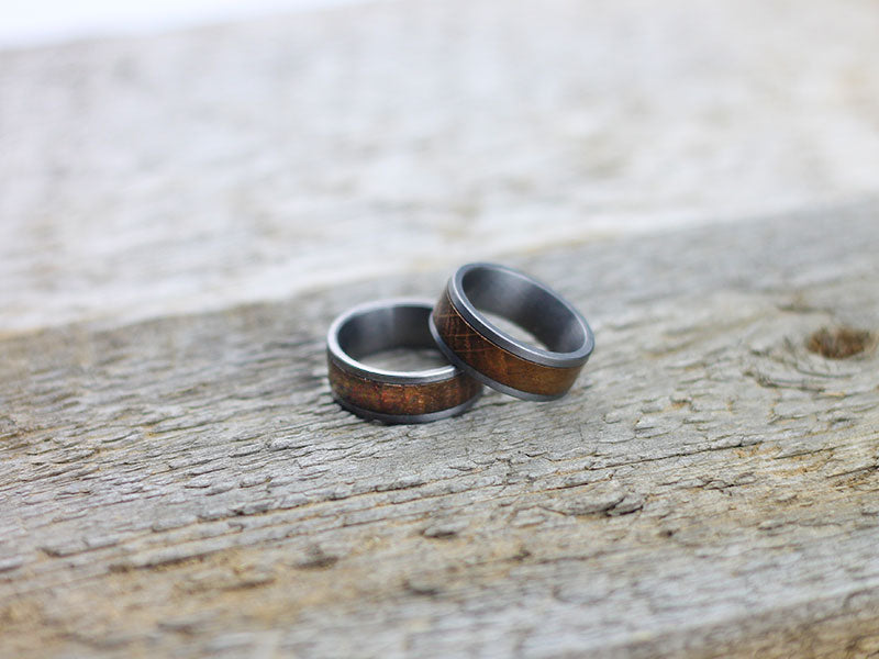 Titanium Ring With Whisky Barrel Wood Inlay